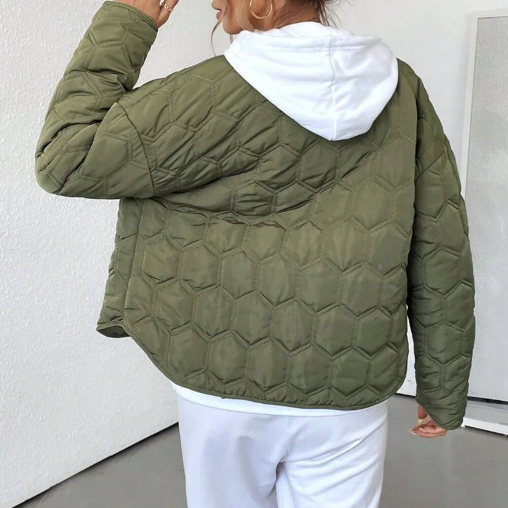 Army Green Casual Women's Geometric Insulated Coat Jacket